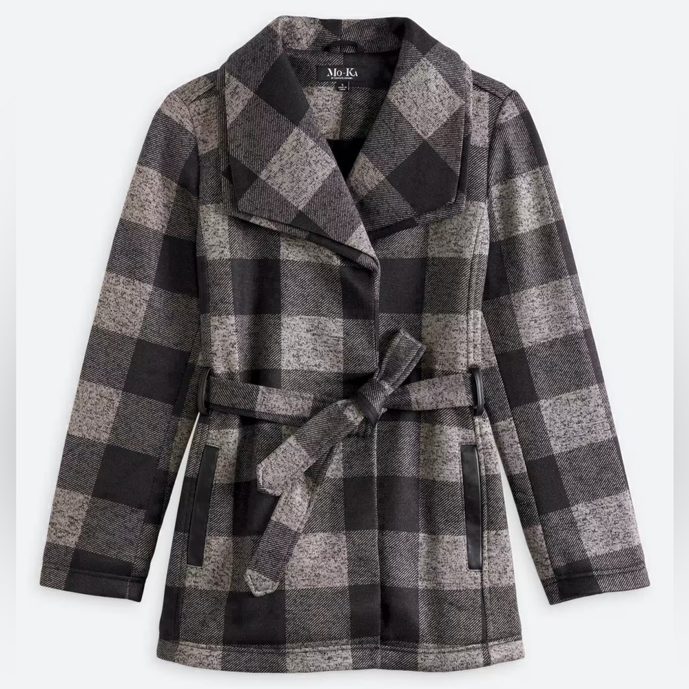 MO-KA Belted Plaid Knit Jacket, Size XS